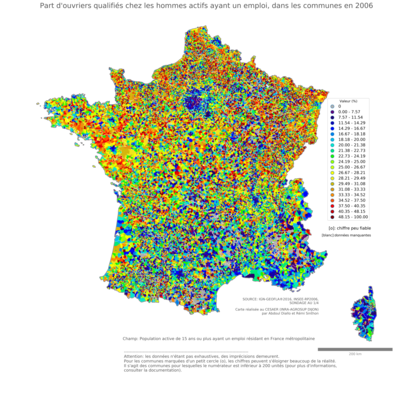 Part d'ouvriers qualifiés chez les hommes actifs ayant un emploi - com2006
Mots-clés: profession;sexe;femmes;classes populaires;communes