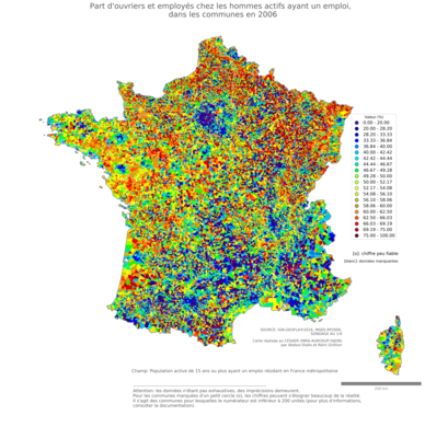 Part d'ouvriers et employés chez les hommes actifs ayant un emploi - com2006
Mots-clés: profession;sexe;hommes;classes populaires;communes