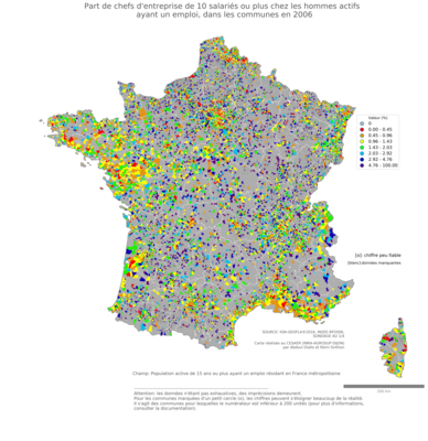 Part de chefs d'entreprise de 10 salariés ou plus chez les hommes actifs ayant un emploi - com2006
Mots-clés: profession;sexe;femmes;classes supérieures;fonction publique ou indépendance;communes