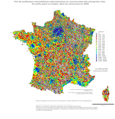 Part de professions intermédiaires administratives et commerciales des entreprises chez les actifs ayant un emploi - com2006
Mots-clés: profession;communes