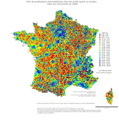 Part de professions intermédiaires chez les actifs ayant un emploi - com2006
Mots-clés: profession;sexe;femmes;communes