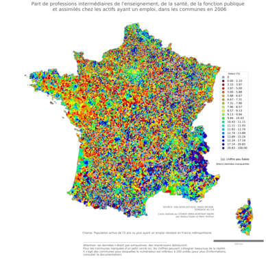 Part de professions intermédiaires de l'enseignement, de la santé, de la fonction publique et assimilés chez les actifs ayant un emploi - com2006
Mots-clés: profession;fonction publique ou indépendance;communes