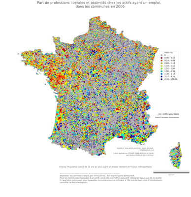 Part de professions libérales et assimilés chez les actifs ayant un emploi - com2006
Mots-clés: profession;classes supérieures;communes