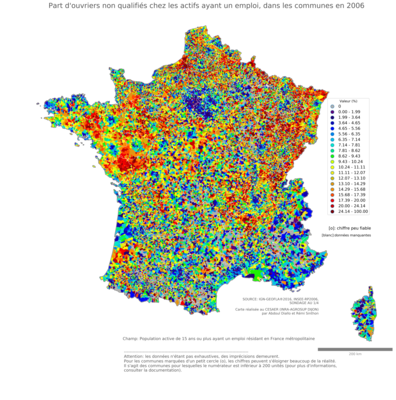 Part d'ouvriers non qualifiés chez les actifs ayant un emploi - com2006
Mots-clés: profession;classes populaires;communes