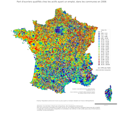 Part d'ouvriers qualifiés chez les actifs ayant un emploi - com2006
Mots-clés: profession;classes populaires;communes