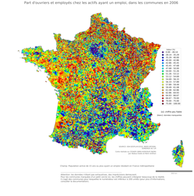 Part d'ouvriers et employés chez les actifs ayant un emploi - com2006
Mots-clés: profession;sexe;femmes;classes populaires;communes