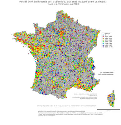 Part de chefs d'entreprise de 10 salariés ou plus chez les actifs ayant un emploi - com2006
Mots-clés: profession;classes supérieures;fonction publique ou indépendance;communes