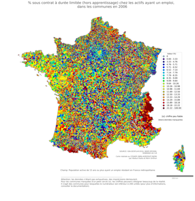 % sous contrat à durée limitée (hors apprentissage) chez les actifs ayant un emploi - com2006
Mots-clés: conditions de travail et d-emploi;classes populaires;communes