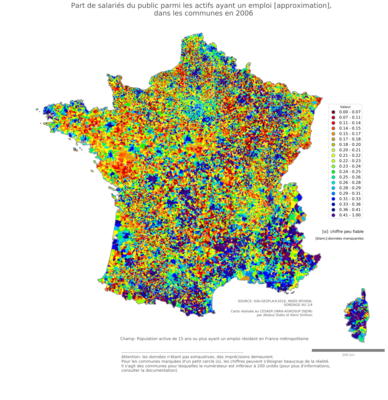 Part de salariés du public parmi les actifs ayant un emploi [approximation] - com2006
Mots-clés: profession;sexe;femmes;fonction publique ou indépendance;communes