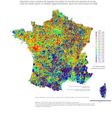 Quotient entre nombre de salariés du public et nombre de salariés du privé,  chez les actifs ayant un emploi [approximation] - com2006
Mots-clés: profession;sexe;femmes;fonction publique ou indépendance;communes