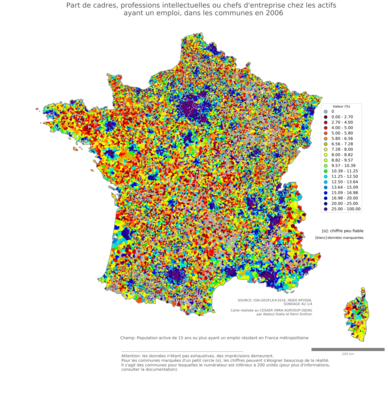 Part de cadres, professions intellectuelles ou chefs d'entreprise chez les actifs ayant un emploi - com2006
Mots-clés: profession;classes supérieures;communes