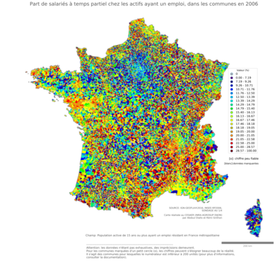 Part de salariés à temps partiel chez les actifs ayant un emploi - com2006
Mots-clés: conditions de travail et d-emploi;communes