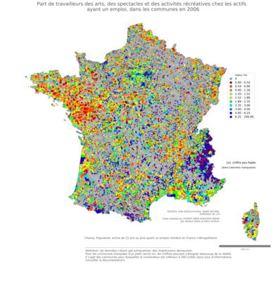 Part de travailleurs des arts, des spectacles et des activités récréatives chez les actifs ayant un emploi - com2006
Mots-clés: secteur d-activité;communes