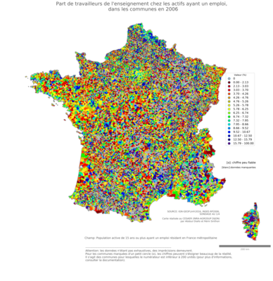 Part de travailleurs de l'enseignement chez les actifs ayant un emploi - com2006
Mots-clés: secteur d-activité;fonction publique ou indépendance;communes