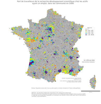 Part de travailleurs de la recherche'développement scientifique chez les actifs ayant un emploi - com2006
Mots-clés: secteur d-activité;communes