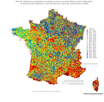 Part de résidences principales occupées en tant que propriétaire parmi celles dont la personne de référence a de 40 à 64 ans - com2006
Mots-clés: résidence et logement;âge;conditions d-existence;communes