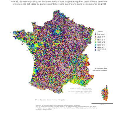 Part de résidences principales occupées en tant que propriétaire parmi celles dont la personne de référence est cadre ou profession intellectuelle supérieure - com2006
Mots-clés: résidence et logement;profession;conditions d-existence;classes supérieures;communes