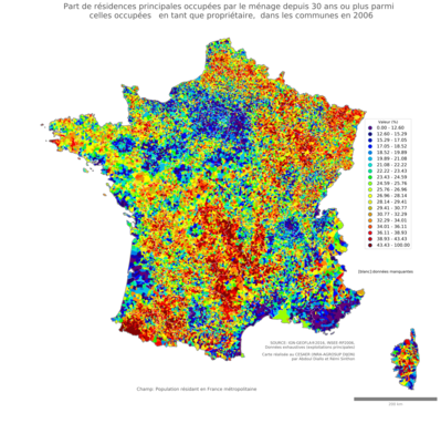 Part de résidences principales occupées par le ménage depuis 30 ans ou plus parmi celles occupées en tant que propriétaire - com2006
Mots-clés: résidence et logement;conditions d-existence;communes