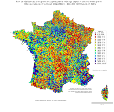 Part de résidences principales occupées par le ménage depuis 4 ans ou moins parmi celles occupées en tant que propriétaire - com2006
Mots-clés: résidence et logement;conditions d-existence;communes