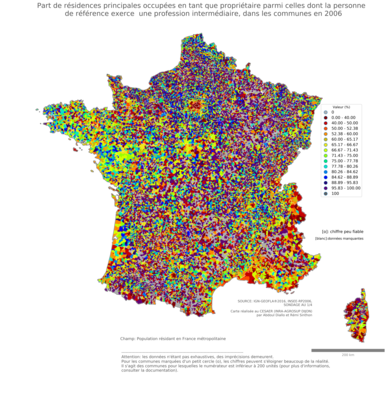 Part de résidences principales occupées en tant que propriétaire parmi celles dont la personne de référence exerce une profession intermédiaire - com2006
Mots-clés: résidence et logement;profession;conditions d-existence;communes