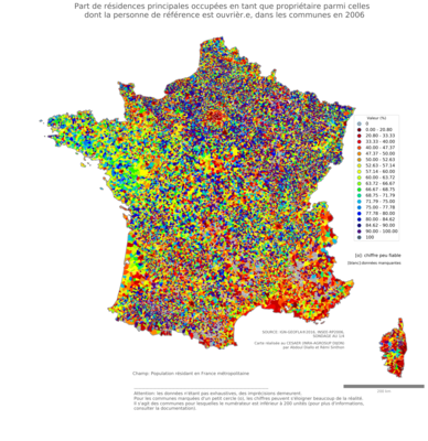 Part de résidences principales occupées en tant que propriétaire parmi celles dont la personne de référence est ouvrièr.e - com2006
Mots-clés: résidence et logement;profession;conditions d-existence;classes populaires;communes