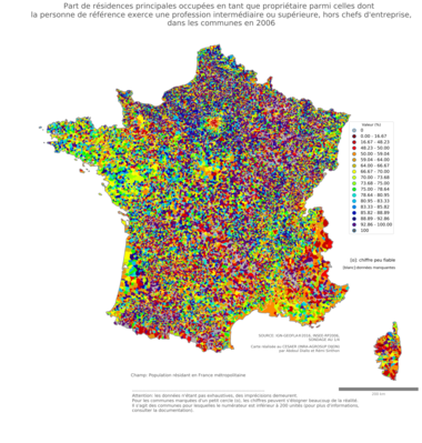 Part de résidences principales occupées en tant que propriétaire parmi celles dont la personne de référence exerce une profession intermédiaire ou supérieure, hors chefs d'entreprise - com2006
Mots-clés: résidence et logement;profession;conditions d-existence;classes supérieures;communes