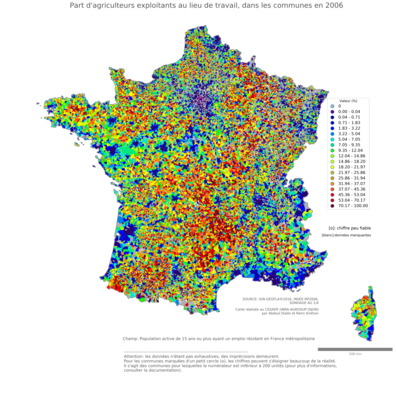 Part d'agriculteurs exploitants au lieu de travail - com2006
Mots-clés: profession;lieu de travail;fonction publique ou indépendance;communes