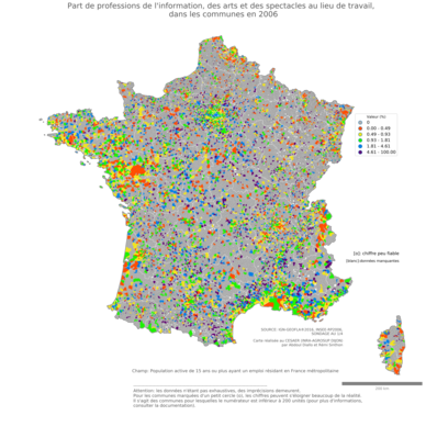 Part de professions de l'information, des arts et des spectacles au lieu de travail - com2006
Mots-clés: profession;lieu de travail;classes supérieures;communes