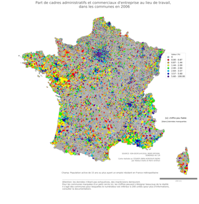 Part de cadres administratifs et commerciaux d'entreprise au lieu de travail - com2006
Mots-clés: profession;lieu de travail;classes supérieures;communes