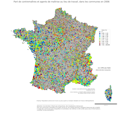 Part de contremaîtres et agents de maîtrise au lieu de travail - com2006
Mots-clés: profession;lieu de travail;communes