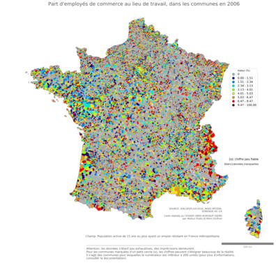 Part d'employés de commerce au lieu de travail - com2006
Mots-clés: profession;lieu de travail;classes populaires;communes