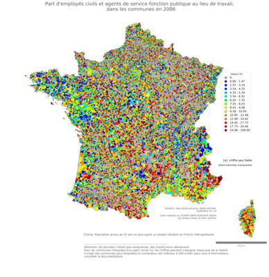 Part d'employés civils et agents de service fonction publique au lieu de travail - com2006
Mots-clés: profession;lieu de travail;classes populaires;fonction publique ou indépendance;communes