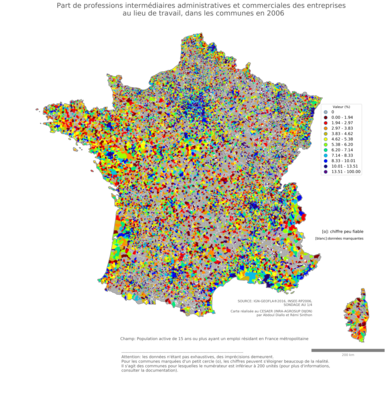 Part de professions intermédiaires administratives et commerciales des entreprises au lieu de travail - com2006
Mots-clés: profession;lieu de travail;communes