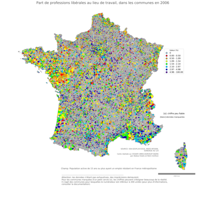 Part de professions libérales au lieu de travail - com2006
Mots-clés: profession;lieu de travail;classes supérieures;communes