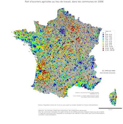 Part d'ouvriers agricoles au lieu de travail - com2006
Mots-clés: profession;lieu de travail;classes populaires;communes