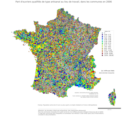 Part d'ouvriers qualifiés de type artisanal au lieu de travail - com2006
Mots-clés: profession;lieu de travail;classes populaires;communes