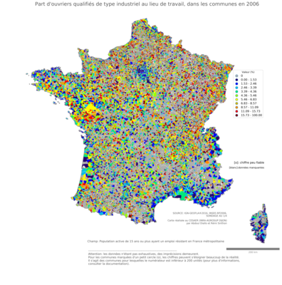 Part d'ouvriers qualifiés de type industriel au lieu de travail - com2006
Mots-clés: profession;lieu de travail;classes populaires;communes