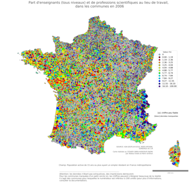 Part d'enseignants (tous niveaux) et de professions scientifiques au lieu de travail - com2006
Mots-clés: profession;lieu de travail;classes supérieures;communes