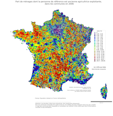 Part de ménages dont la personne de référence est ancienne agricultrice exploitante - com2006
Mots-clés: profession;âge;fonction publique ou indépendance;communes