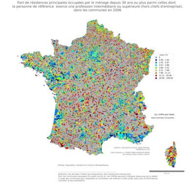 Part de résidences principales occupées par le ménage depuis 30 ans ou plus parmi celles dont la personne de référence exerce une profession intermédiaire ou supérieure (hors chefs d'entreprise) - com2006
Mots-clés: résidence et logement;profession;classes supérieures;communes