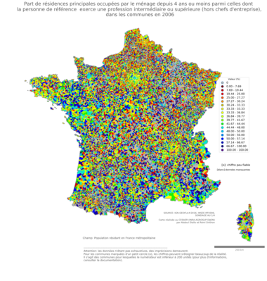 Part de résidences principales occupées par le ménage depuis 4 ans ou moins parmi celles dont la personne de référence exerce une profession intermédiaire ou supérieure (hors chefs d'entreprise) - com2006
Mots-clés: résidence et logement;profession;classes supérieures;communes