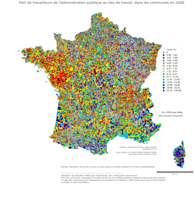 Part de travailleurs de l'administration publique au lieu de travail - com2006
Mots-clés: secteur d-activité;lieu de travail;fonction publique ou indépendance;communes