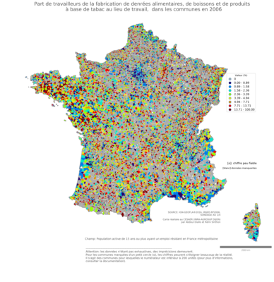 Part de travailleurs de la fabrication de denrées alimentaires, de boissons et de produits à base de tabac au lieu de travail - com2006
Mots-clés: secteur d-activité;lieu de travail;communes