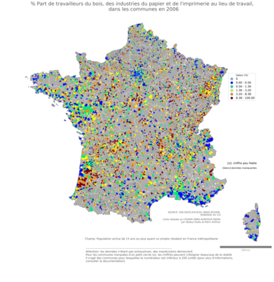 % Part de travailleurs du bois, des industries du papier et de l'imprimerie au lieu de travail - com2006
Mots-clés: secteur d-activité;lieu de travail;communes