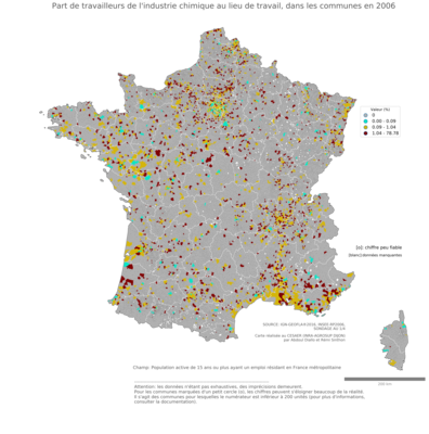 Part de travailleurs de l'industrie chimique au lieu de travail - com2006
Mots-clés: secteur d-activité;lieu de travail;communes