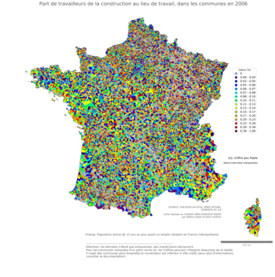 Part de travailleurs de la construction au lieu de travail - com2006
Mots-clés: secteur d-activité;lieu de travail;communes