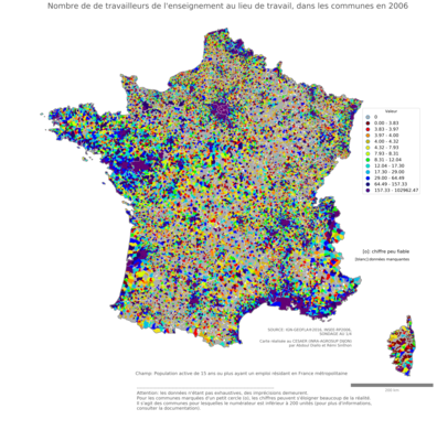 Nombre de de travailleurs de l'enseignement au lieu de travail - com2006
Mots-clés: secteur d-activité;lieu de travail;effectif;fonction publique ou indépendance;communes