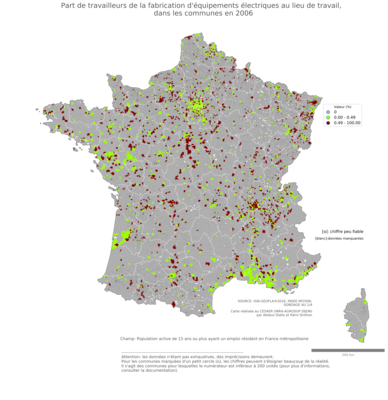 Part de travailleurs de la fabrication d'équipements électriques au lieu de travail - com2006
Mots-clés: secteur d-activité;lieu de travail;communes