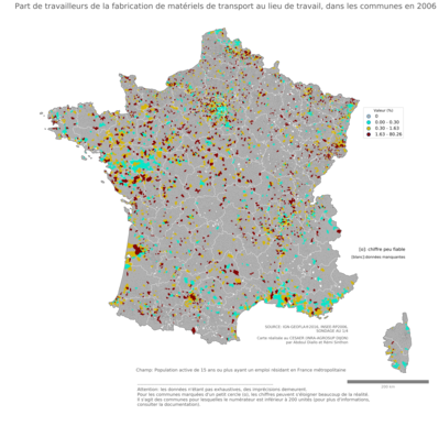 Part de travailleurs de la fabrication de matériels de transport au lieu de travail - com2006
Mots-clés: secteur d-activité;lieu de travail;communes