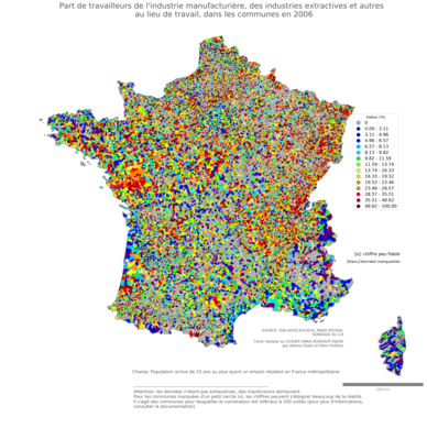 Part de travailleurs de l'industrie manufacturière, des industries extractives et autres au lieu de travail - com2006
Mots-clés: secteur d-activité;lieu de travail;communes